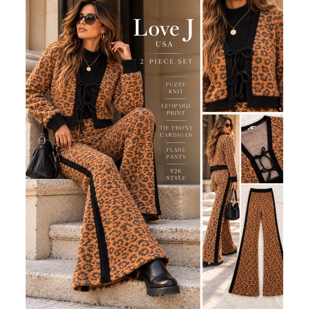 Love J Leopard Fuzzy Knit 2 Piece Set Y2K Lace Up Cardigan Flare Pants M L